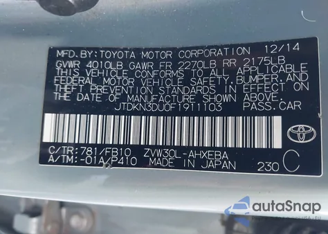 2015 Toyota Prius Three from USA, damaged, VIN JTDKN3DU0F1911103